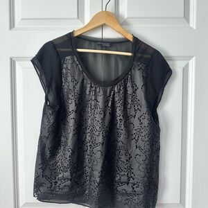 ZARA Black Sheer Chiffon Top Laser Cut Lace Overlay Short Sleeve Blouse Size L